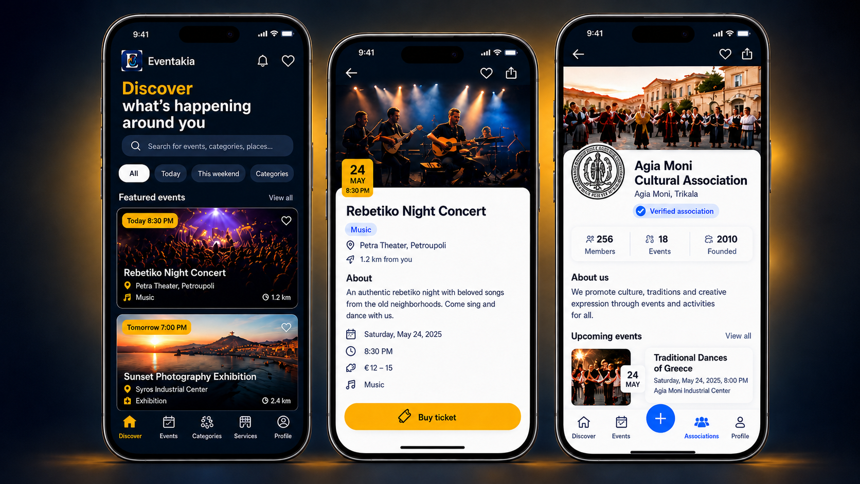 Eventakia app preview showing events, categories and a cultural association profile